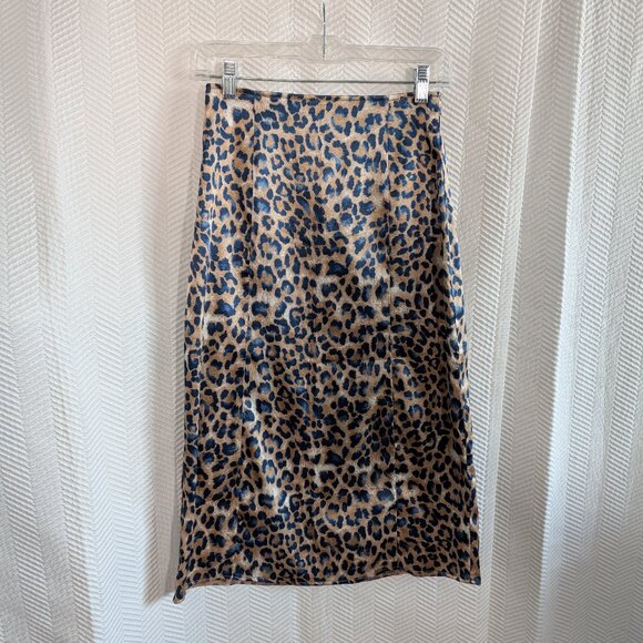Lulu’s Global Icon Tan & Navy Blue Leopard Print Satin Midi Skirt Size Small - Picture 7 of 11